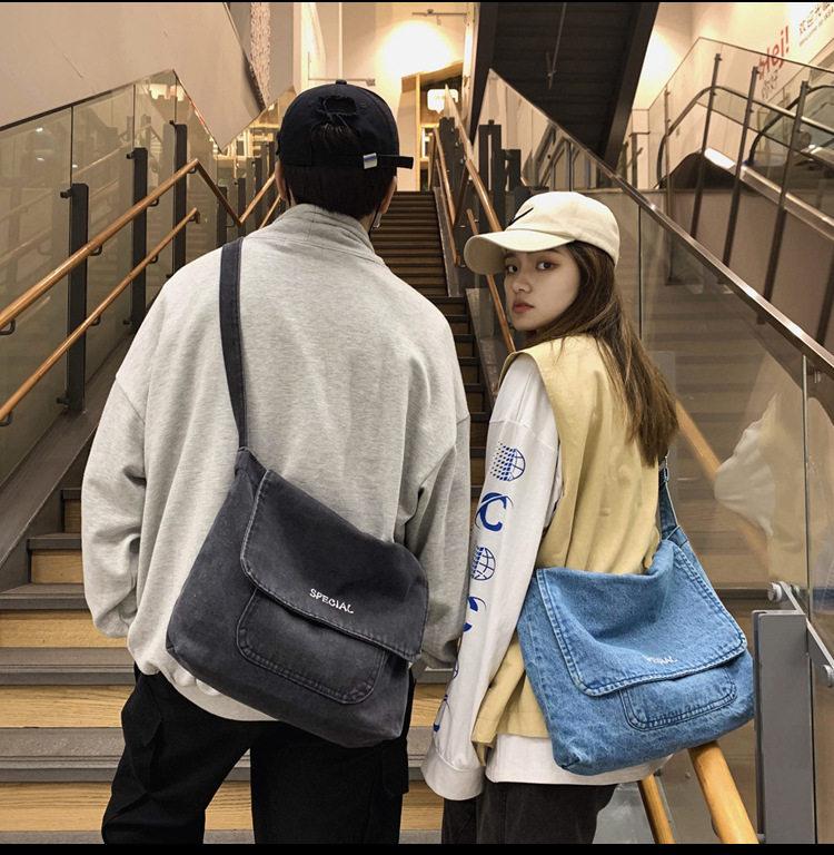 커플 데님 숄더백 청 가방 데일리 캐주얼 빅사이즈 캠퍼스룩 메신저 크로스백 108 자수#블랙 - 상세 이미지 2