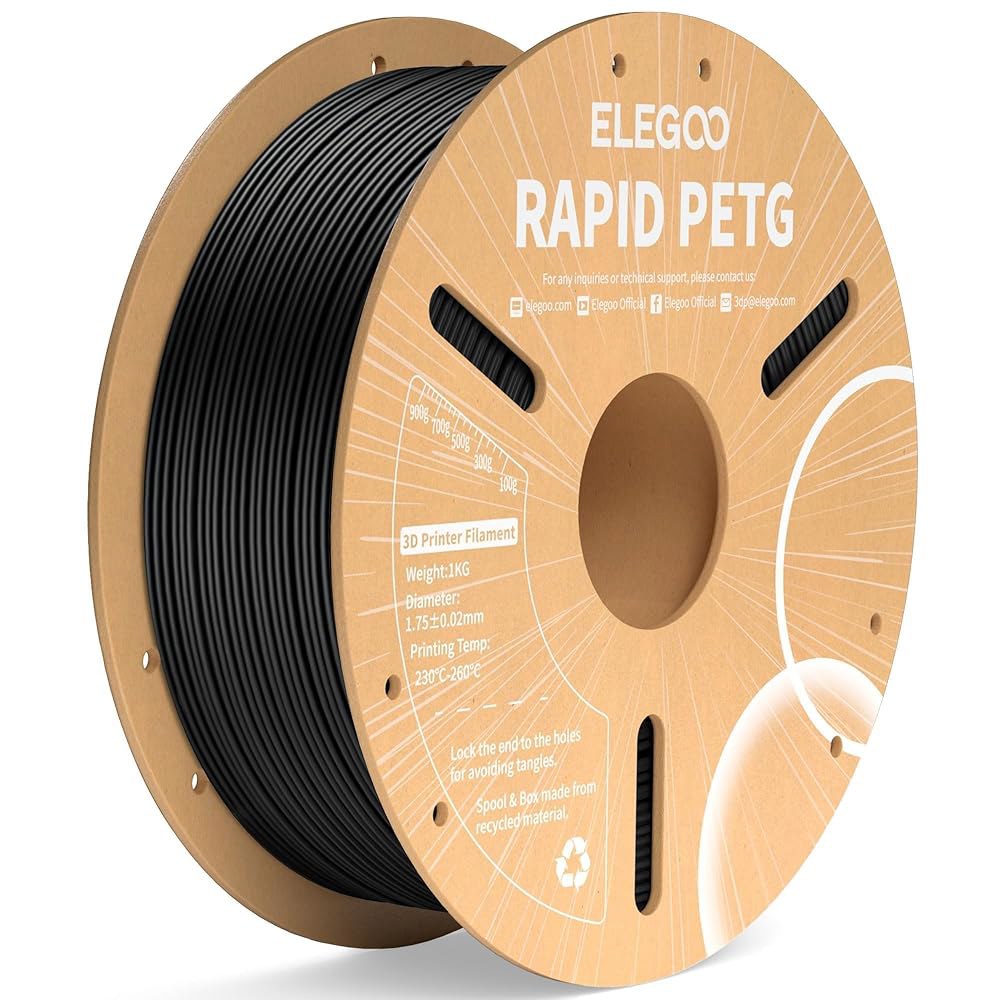 엘레구 래피드 PETG 필라멘트 1.75mm 블랙 1KG, 고속 600mm /s 3D 프린터 치수 정확도 + /- 0.02mm, 1kg 골판지 스풀(2.2파운드) 대부분의 FDM - 상품 이미지