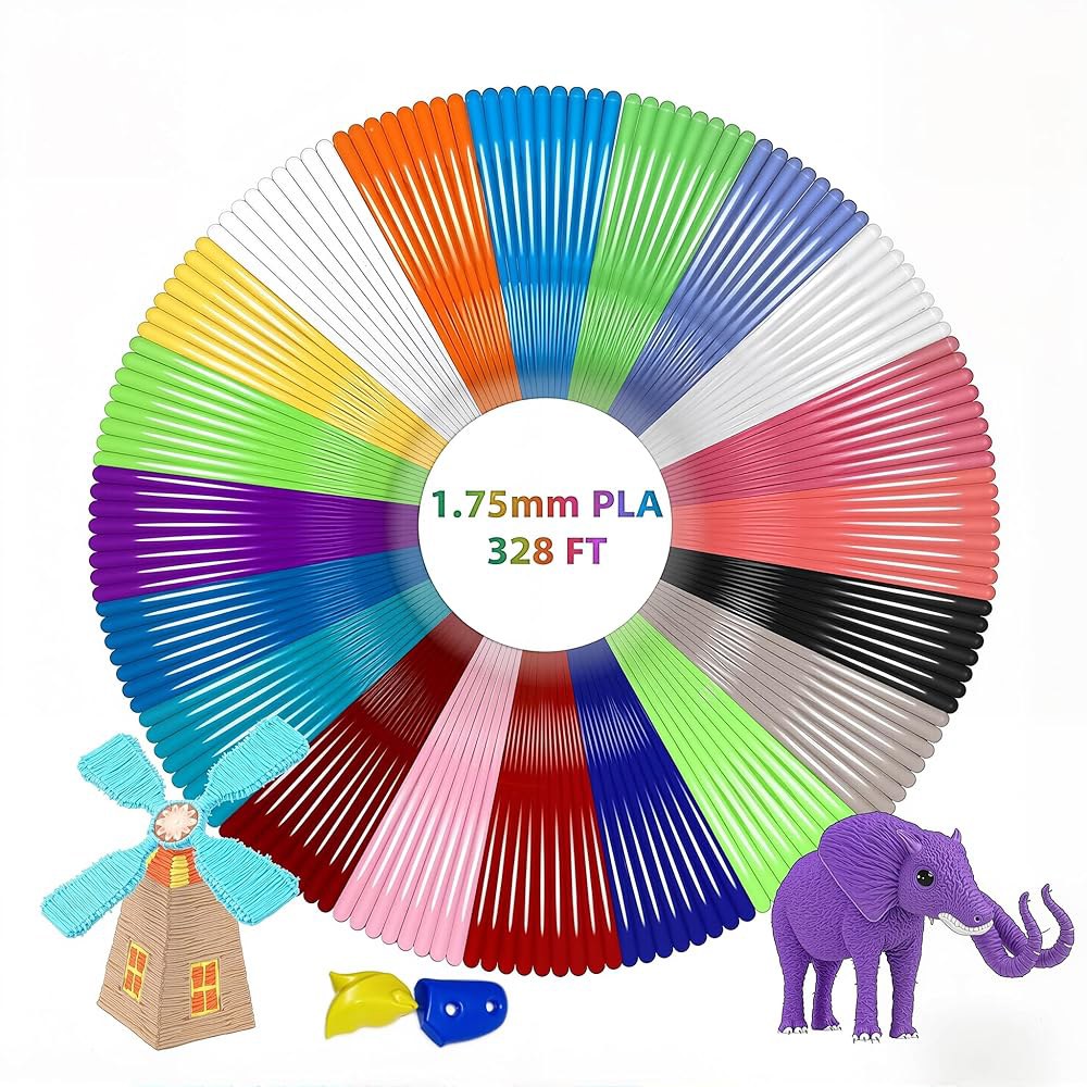 지텍 20색 PLA 3D 펜 필라멘트 리필, 1.75mm 필라멘트, 각 색상 9.84피트, 총 196.8피트, 2개의 핑거 캡과 200개 이상의 스텐실 전자책이 포함된 팩, SCR - 상품 이미지