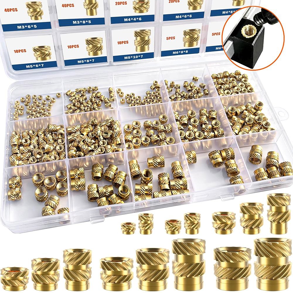 Ktehloy 400Pcs 나사산 인서트, M2 M2.5 M3 M4 M5 M6 여성 계량 너들 너트 모음 키트, 플라스틱 및 3D 프린팅 부품용 황동 열 세트 인서트( 인서트 키트 - 상품 이미지