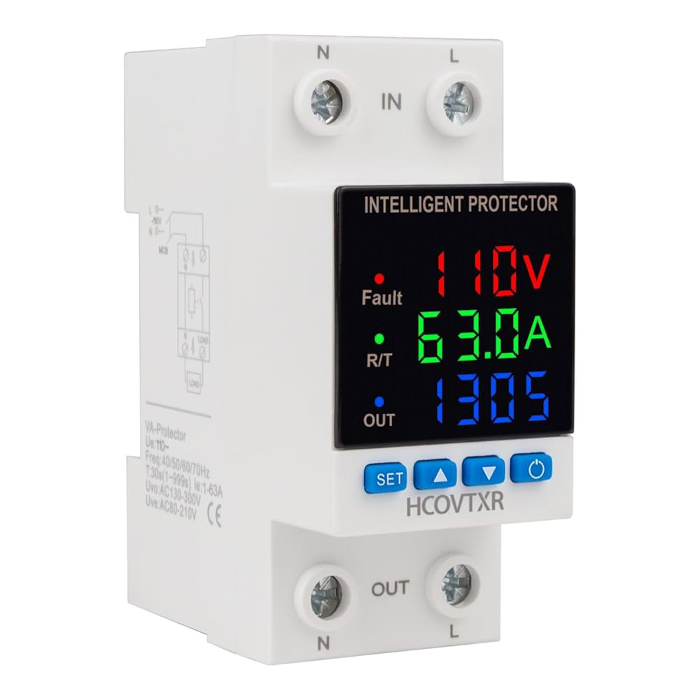 HCOVTXR 가정용 RV 태양광 시스템용 LED 디스플레이를 갖춘 조정 가능한 회로 차단기 110V 63A 스마트 오버 및 언더 전압 보호기 조절기(트리플 디스플레이, 63A) - 상품 이미지