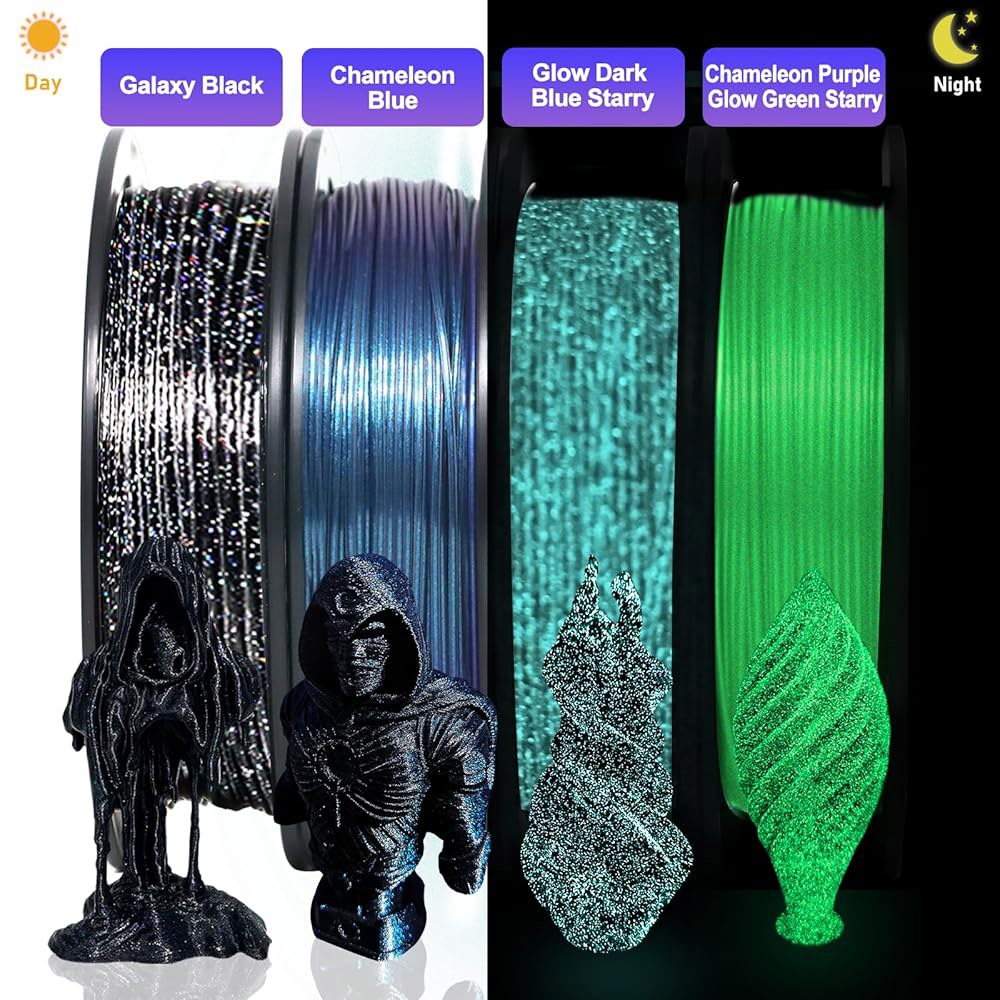 YUSU 3D 프린터 필라멘트 갤럭시 PETG 1.75mm + /- 0.02mm, 어두운 카멜레온 시리즈 프린팅 번들의 글로우, 멀티 컬러 250g X 4 - 상세 이미지 2