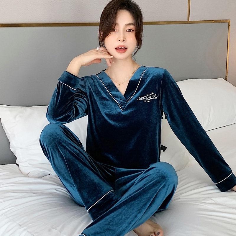 커플잠옷 커플잠옷세트 가을 겨울 플란넬 여성 잠옷 세트 단색 따뜻한 실크잠옷 귀여운 - 상세 이미지 4