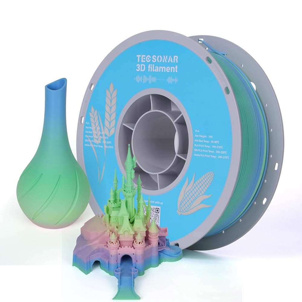 테크소나르 매트 레인보우 PLA 3D 프린터 필라멘트, 1KG 스풀(2.2lbs) 1.75mm 고속 색상 변경 프린팅 재료, 대부분의 FDM 프린터를 위한 다색 그라데이션 - 상품 이미지