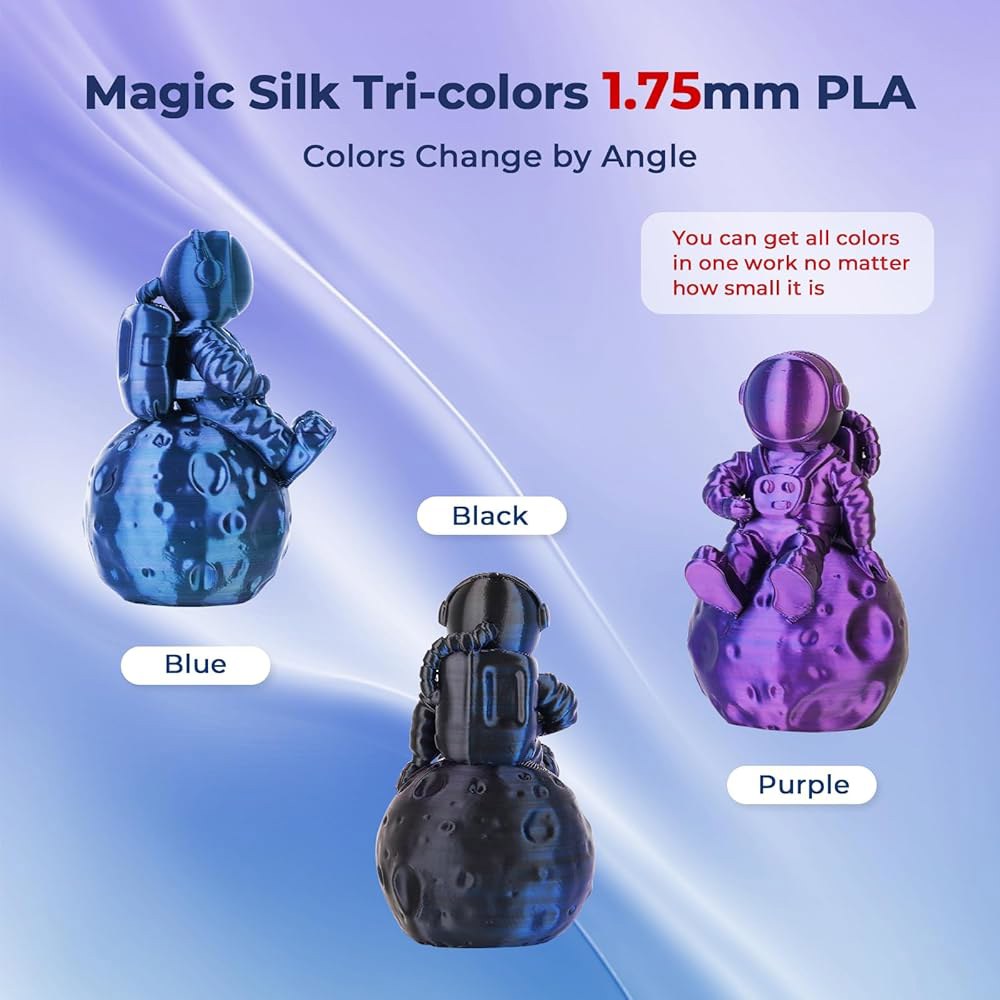 아몰렌 실크 PLA 3D 프린터 필라멘트, 트라이 컬러 블랙 블루 퍼플 1.75mm, 반짝이는 멀티 체인지 필라멘트 대부분의 FDM 프린터용 프린팅 1kg 스풀(2.2파운드) - 상세 이미지 2