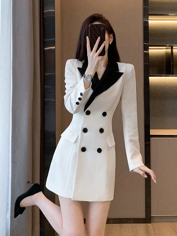 블랙 카라 화이트 더블 정장 원피스 프렌치 스타일 하객 오피스 방송 패션 - 상세 이미지 3