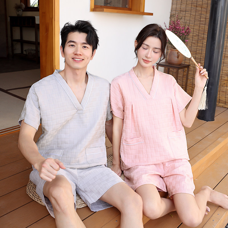찜질방옷 사우나복 마사지 단체복 찜질복 상하의 핑크 체크 S - 상세 이미지 2