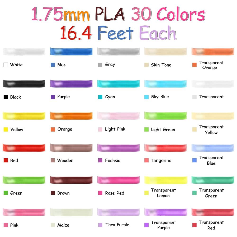 YhuiCxir 30색 3D 펜 필라멘트, 각 색상별 1.75mm PLA 나사산 리필 16.4피트, 총 492피트, SCRIB3D 호환 및 MYNT3D 펜슬 호환(3D 미포함) - 상세 이미지 2