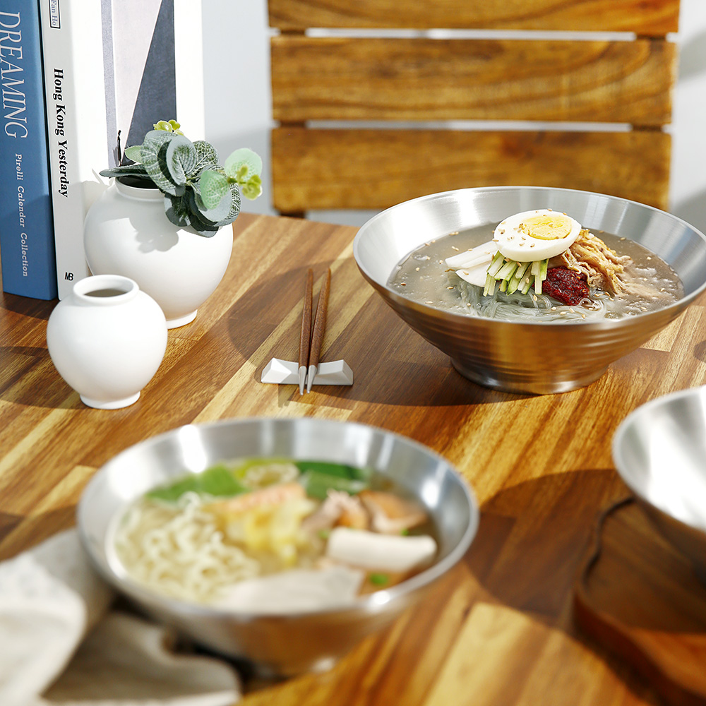 스텐 면기 이중 냉면기 볼 다용도 무광 그릇 비빔기 듀얼 웨이브볼 1개, 18cm, 실버 이미지 6