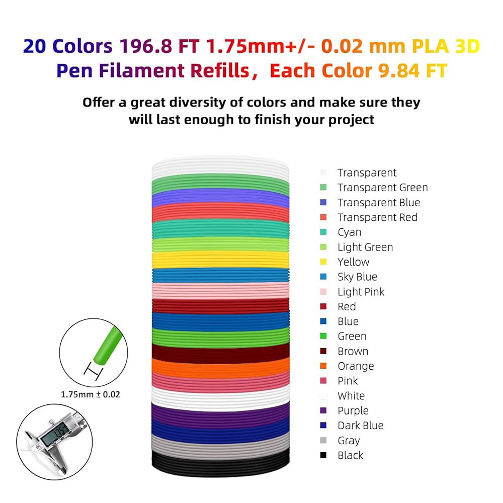 지텍 20색 PLA 3D 펜 필라멘트 리필, 1.75mm 필라멘트, 각 색상 9.84피트, 총 196.8피트, 2개의 핑거 캡과 200개 이상의 스텐실 전자책이 포함된 팩, SCR - 상세 이미지 2