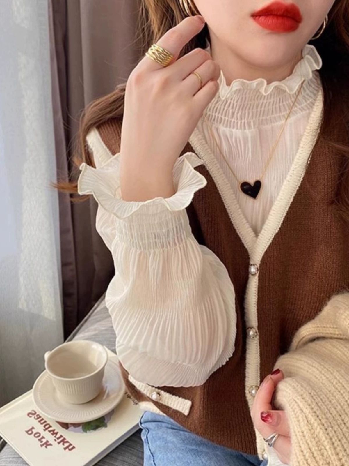 레이스 목폴라 목티 레이어드 여자 이너 기모 터틀넥 티 - 상세 이미지 2