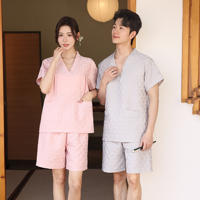 찜질방옷 사우나복 마사지 단체복 찜질복 상하의 핑크 체크 S - 상세 이미지 3