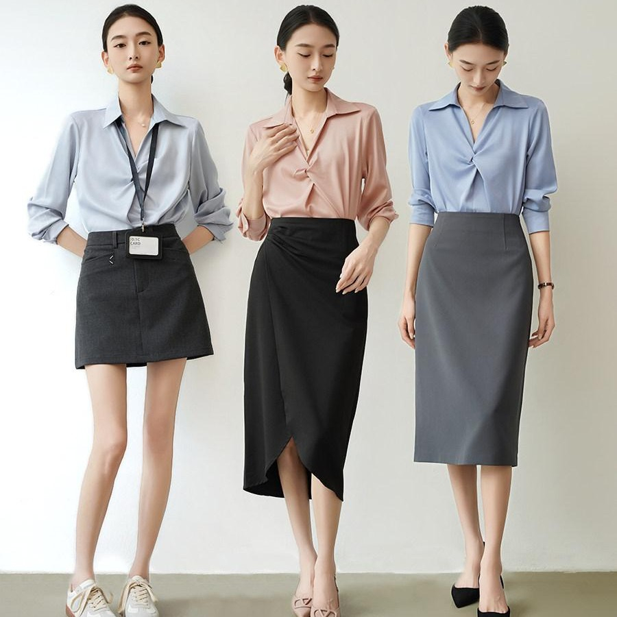 셔링 새틴 블라우스 셀럽 프렌치 스타일 드라마 샵 방송 하객 오피스 패션 - 상품 이미지