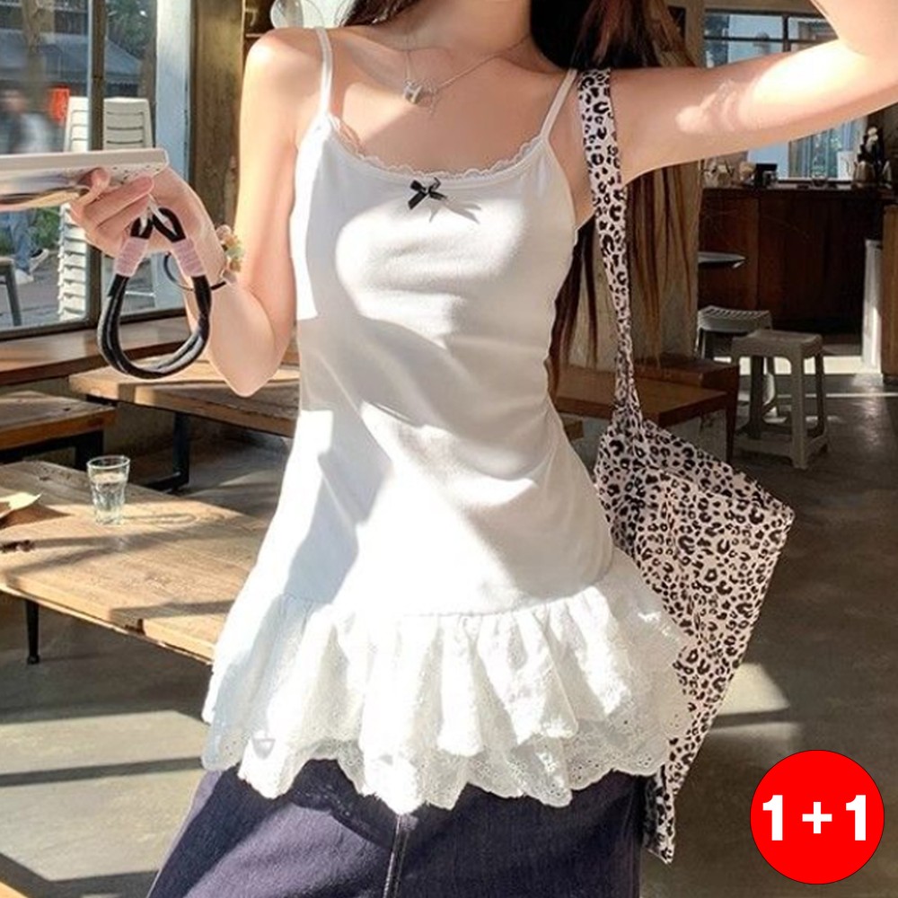 쫀쫀무지 레이어드 레이스 롱나시 뷔스티에 시스루 프릴 원피스 쫀쫀 무지(1+1옵션 주문수량의 2배수량 배송) - 상품 이미지