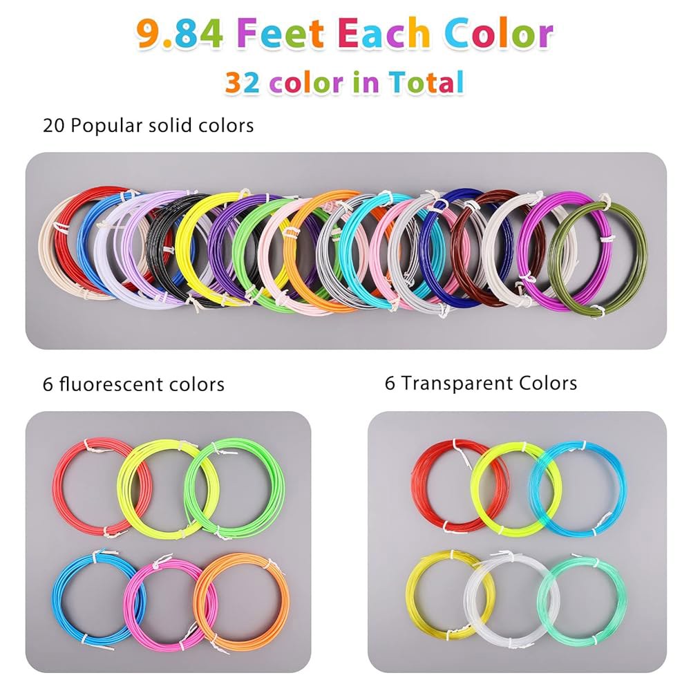 FIROS 3D 펜 필라멘트 리필, 32가지 색상 PLA 필라멘트, 각 9.84피트, 총 315피트 프린팅 SCRIB3D MYNT3D 펜과 호환, Doodler에는 적합하지 않음 - 상세 이미지 3