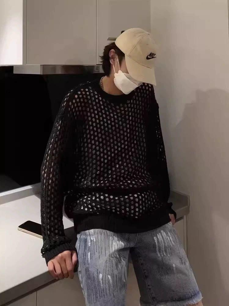 남자 망사 니트 여름용 캐주얼 후드 시스루 오버핏 여름 메쉬 그물 어깨넓어보이는 티셔츠 - 상세 이미지 2