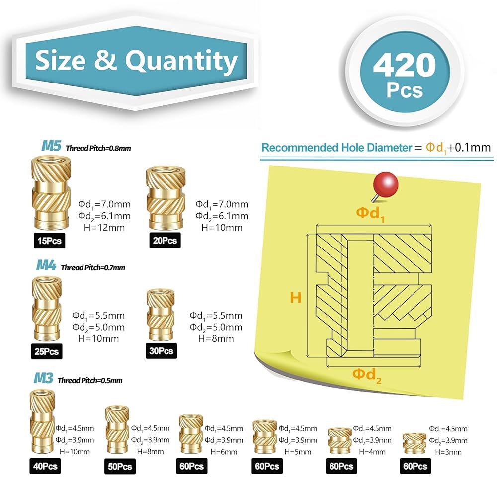 Kadrick 420Pcs M3 M4 M5 스레드 인서트 3D 프린팅 부품, 미터법 황동 널드 너트, 플라스틱 부품에 열로 삽입하는 키트 1 M2 H3 D3 200Pcs - 상세 이미지 2