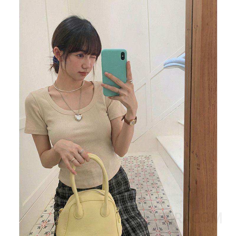 여성 오피스룩 데일리 슬림핏 골지 라운드넥 유넥 기본 무지 반팔 티셔츠 이너웨어 심플 베이직 스판 쫄티 단정 - 상품 이미지