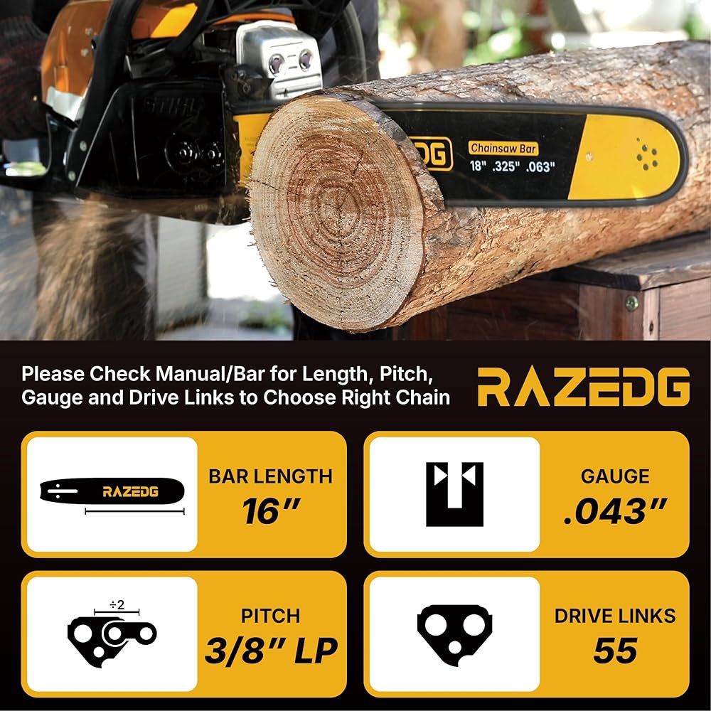 RazEdg 16인치 카바이드 전기톱 체인, 3/8인치 LP 피치, .043인치 게이지, 55개 드라이브 링크, Stihl MS170 MS171 MS180C에 적합, 3610 00 - 상세 이미지 2