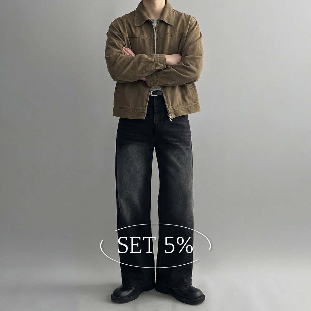 [SET] 오버핏 코튼 자켓 + 뒷밴딩 와이드 데님팬츠 - 상품 이미지
