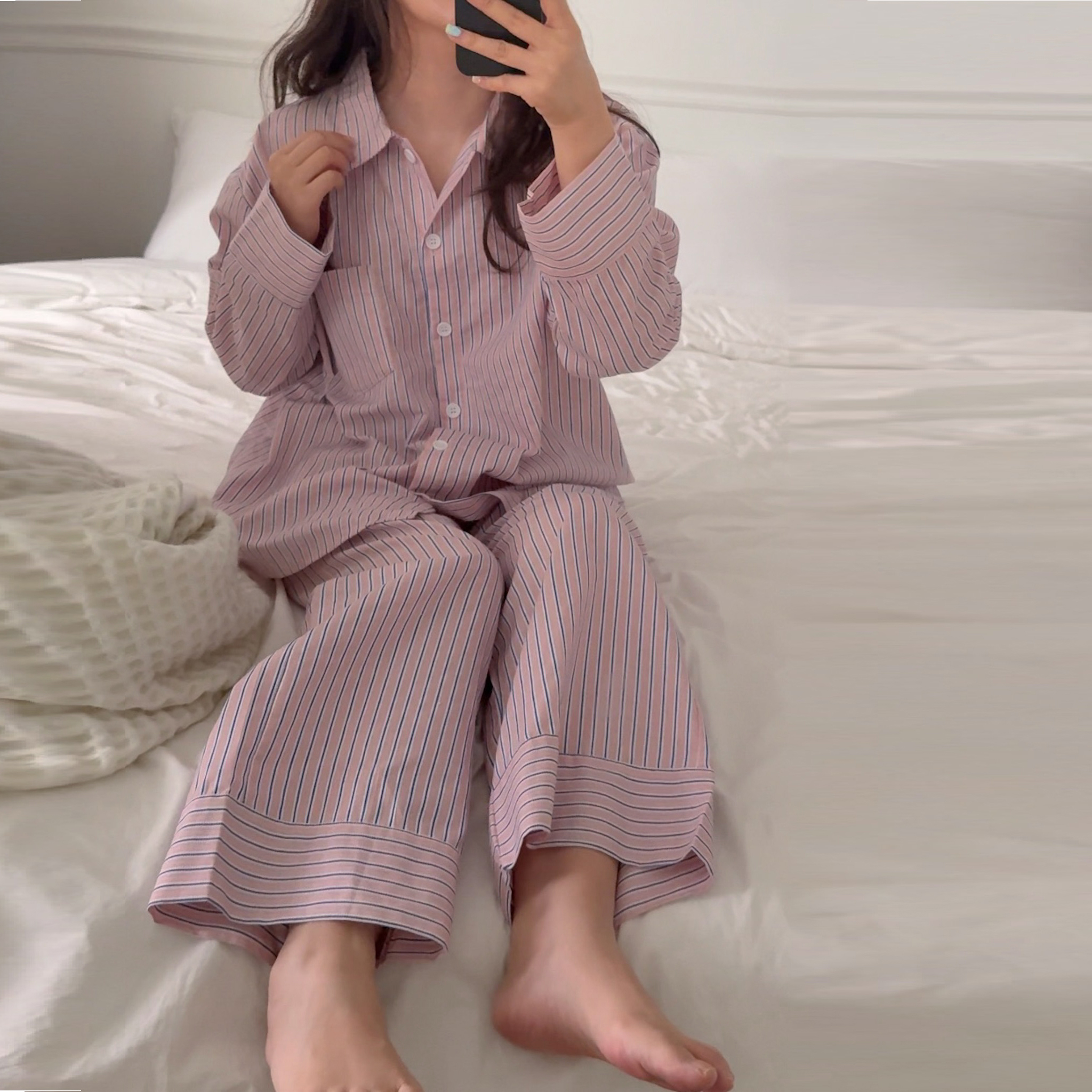 리노 스트라이프 긴팔잠옷 봄 가을 여성 잠옷 파자마 세트 홈웨어 - 상세 이미지 2