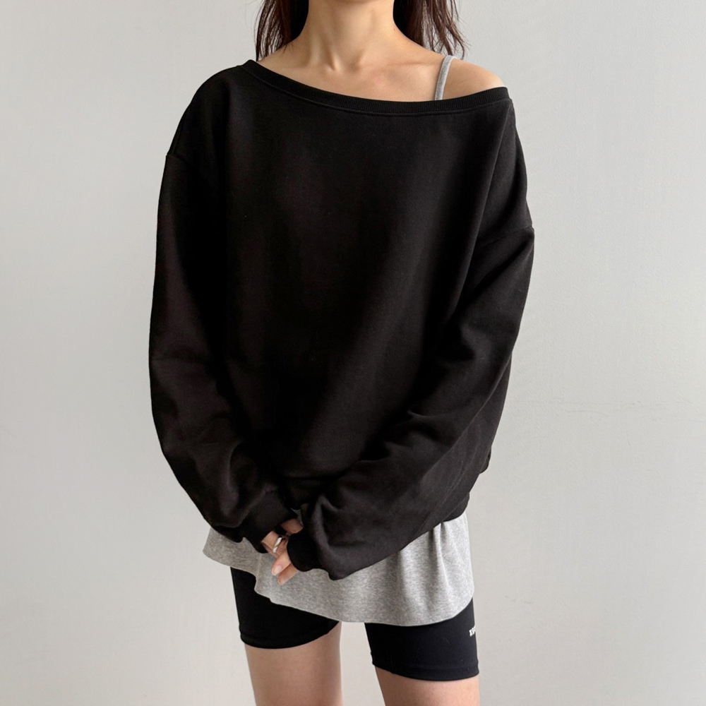 바이오 워싱 오버핏 오프숄더 맨투맨 티셔츠 언발란스 레이어드 티 여성 티셔츠 봄 코튼 이미지 8