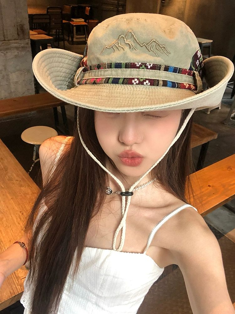 여성 레트로 데님 하이킹 모자 여름 야외 캠핑 대형 챙 모자 - 상세 이미지 3