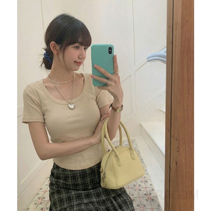 여성 오피스룩 데일리 슬림핏 골지 라운드넥 유넥 기본 무지 반팔 티셔츠 이너웨어 심플 베이직 스판 쫄티 단정 - 상세 이미지 4