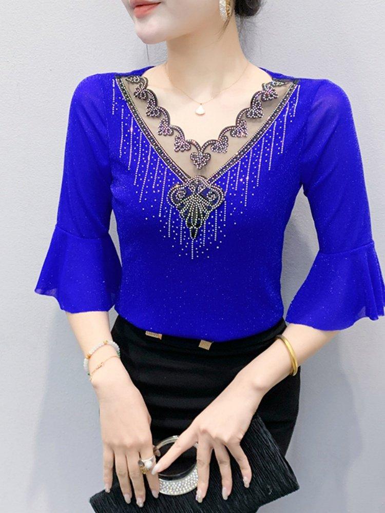 여성 라틴댄스복 상의 어깨포인트 연습복 방송댄스 라인 블루 M - 상세 이미지 5