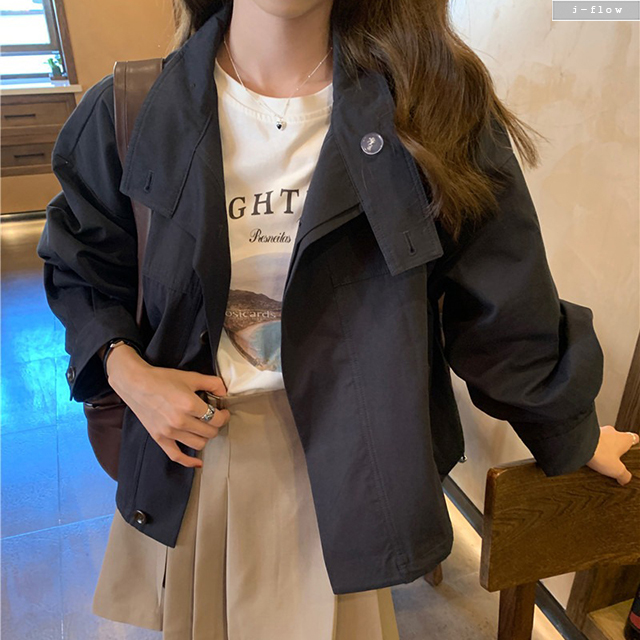 비오 오버핏 세미크롭 트렌치 바바리 자켓 3col 봄 가을 루즈핏 하이넥 버튼 제이플로우 이미지 8