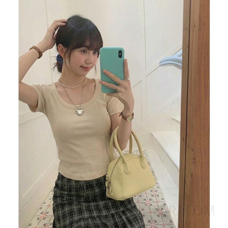 여성 오피스룩 데일리 슬림핏 골지 라운드넥 유넥 기본 무지 반팔 티셔츠 이너웨어 심플 베이직 스판 쫄티 단정 - 상세 이미지 2