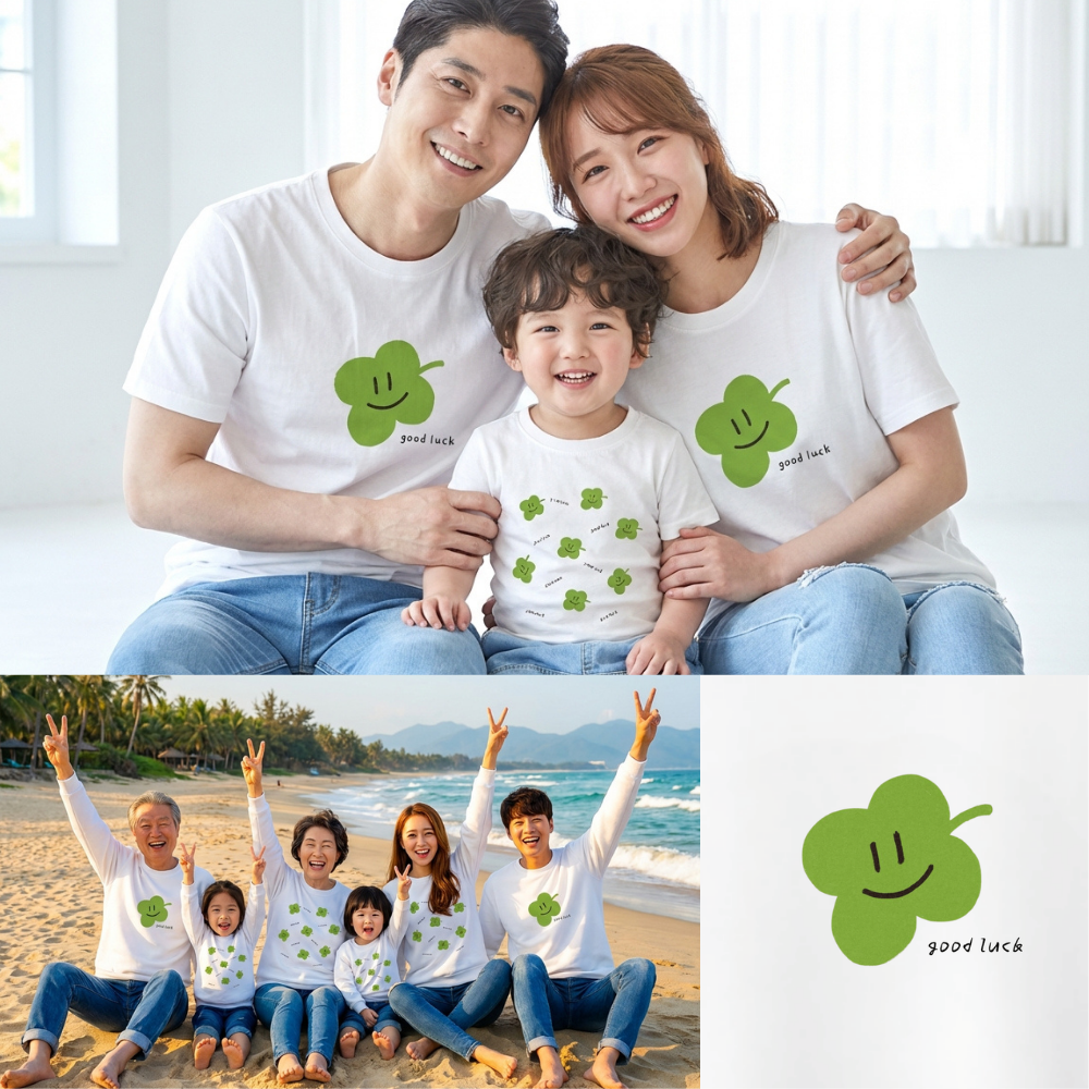 몽피마피 럭키 가족티 패밀리룩 돌촬영 여행 사진의상 반팔 맨투맨 - 상품 이미지