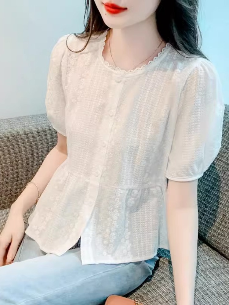 프릴 블라우스 펀칭 자수 흰색 퍼프소매 여성 여름 - 상세 이미지 2