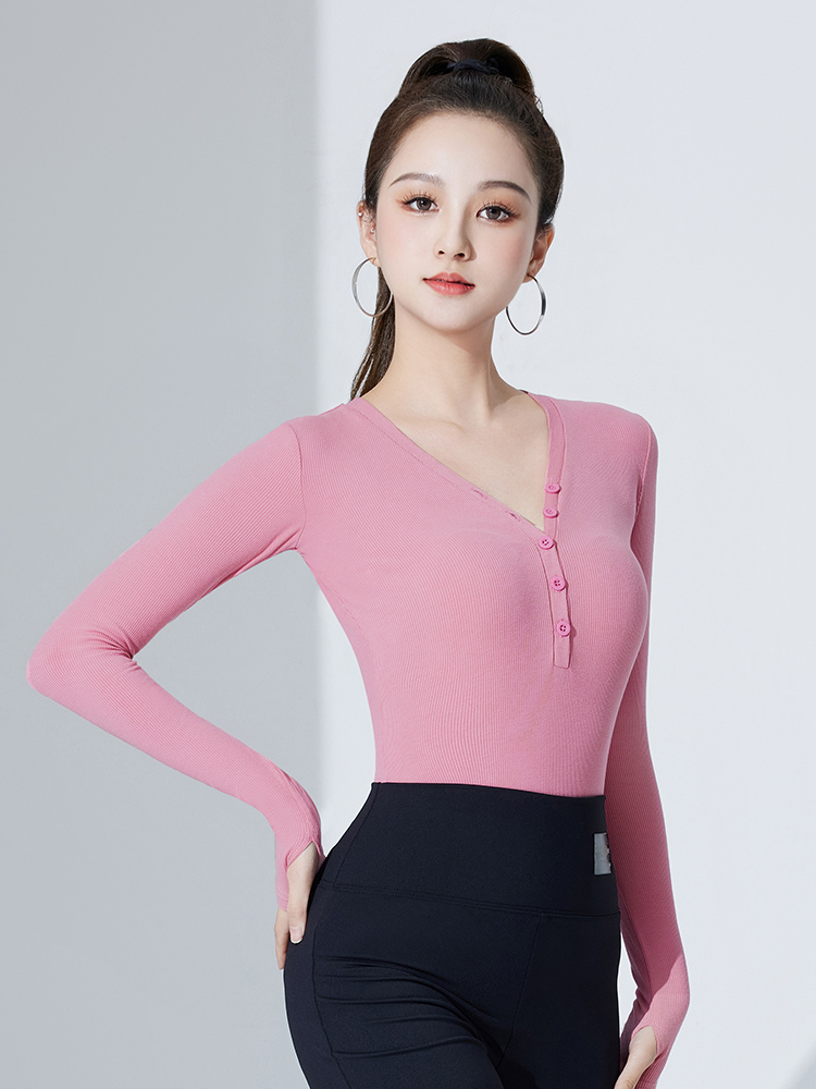 라틴댄스복 방송 스포츠 여성 라인 사교 댄스상의 연습복 핑크 긴소매 M - 상품 이미지
