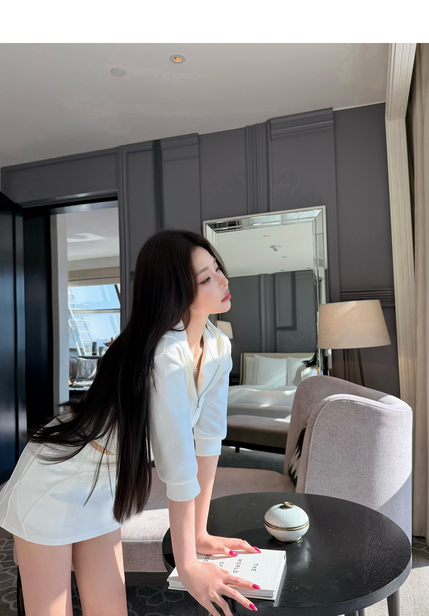 CHIC 여성후드집업 5부소매 크롭후드집업 여성트레이닝세트 츄리닝세트 트레이닝셋업 - 상세 이미지 4