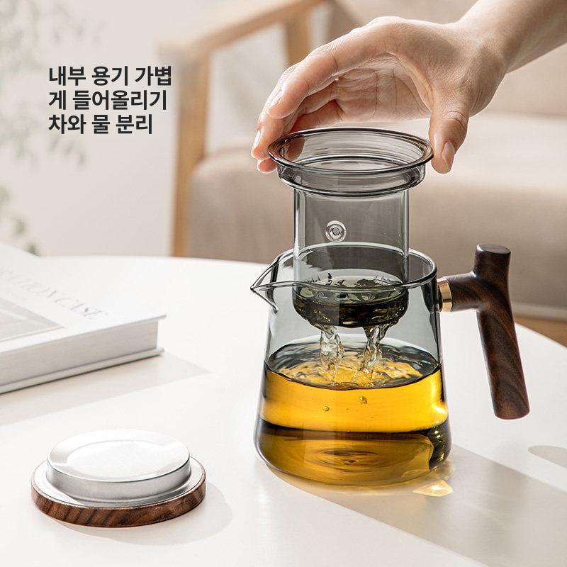 호두나무 티팟 티포트 차주전자 세트 500ml 손잡이 우드 찻잔 티컵 핸들 - 상세 이미지 4