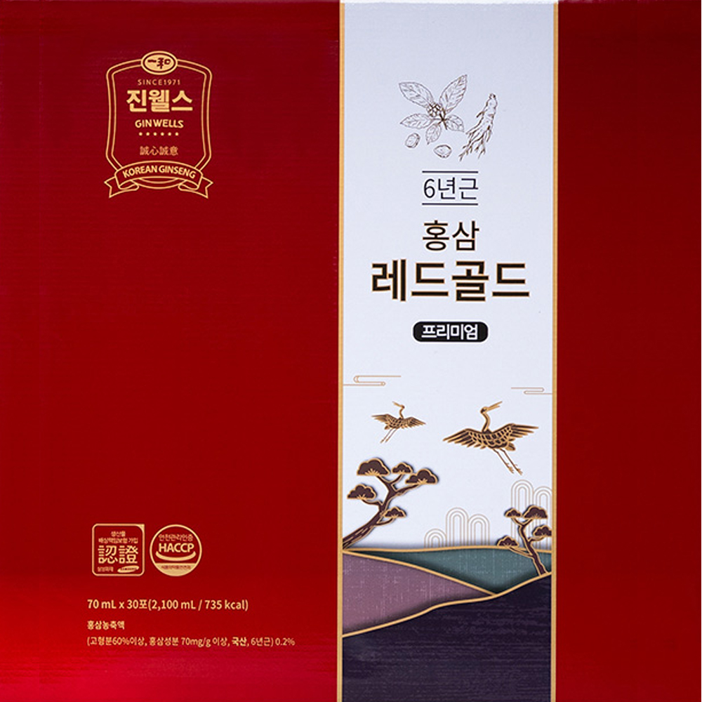 진웰스 홍삼레드골드 프리미엄 70ml x 30포 파우치 국내산 6년근 발효 홍삼액 - 상품 이미지