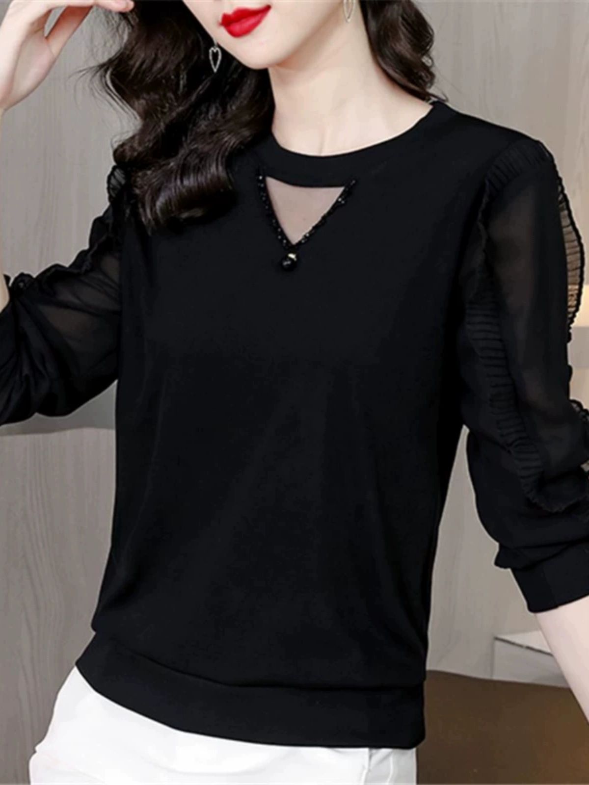 긴팔 댄스복 상의 블랙 의상 럭셔리 여성 남성 꽃무늬 A1290 블랙 M 추천 40-50kg - 상세 이미지 3