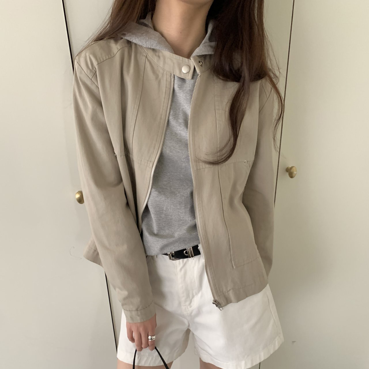 지뉴 더블패치 블루종 | 여성용 봄 자켓 아우터 점퍼 하이넥 차이나카라 집업 루즈핏 야상 바이커 라이더 - 상세 이미지 4