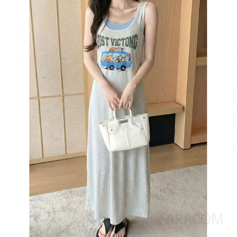 여성 캐주얼 데일리 재생섬유 그래픽 레터링 자수 민소매 슬림핏 롱 원피스 비치웨어 바캉스룩 A라인 레이어드 홈웨어 - 상품 이미지