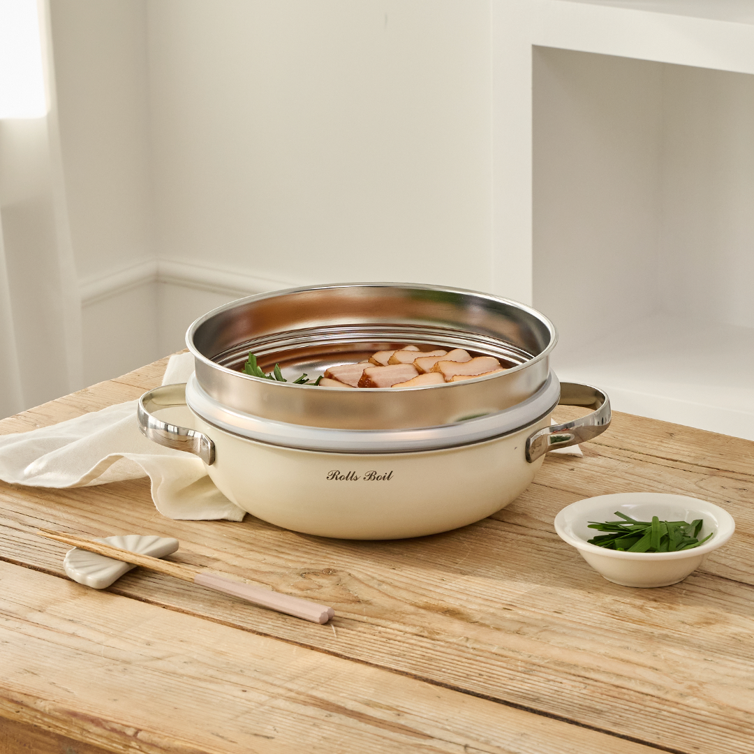 롤스보일 통5중 세라믹코팅 파티웍 24cm 아이보리 스텐304 찜기 인덕션 겸용 - 상품 이미지