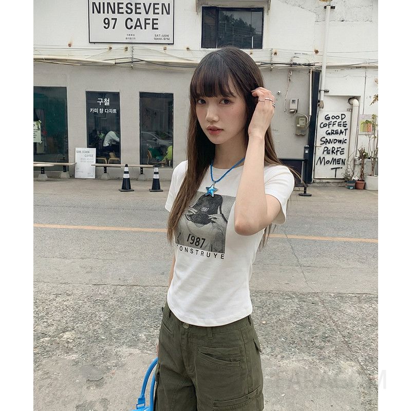 여성 데일리 스트릿 빈티지 코튼 스판 레터링 그래픽 프린팅 라운드넥 캐주얼 기본 반팔 티셔츠 - 상세 이미지 4