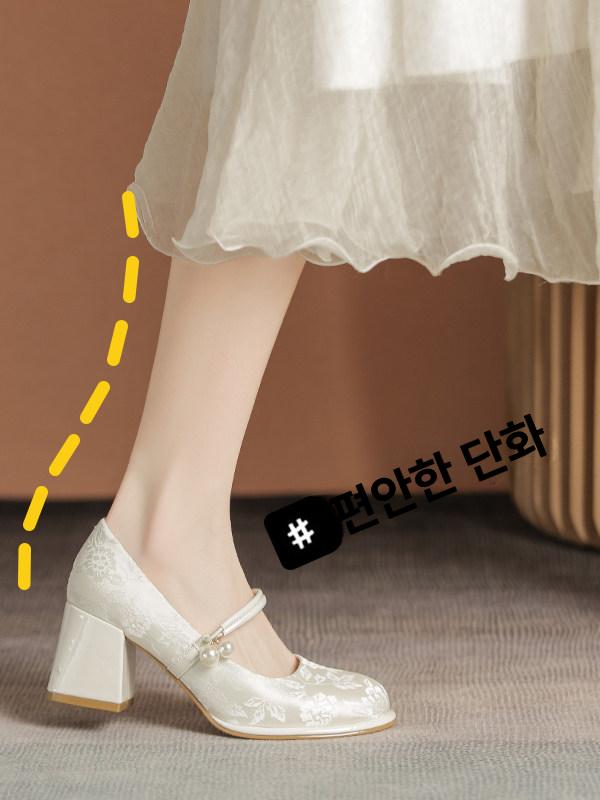 메리제인 스트랩 웨딩슈즈 6cm 진주 스퀘어 신발 샌들 통굽 파티 펄 베이지화이트 37(235) - 상세 이미지 5