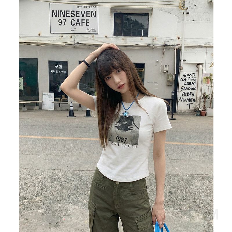 여성 데일리 스트릿 빈티지 코튼 스판 레터링 그래픽 프린팅 라운드넥 캐주얼 기본 반팔 티셔츠 - 상세 이미지 3