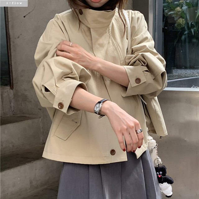 비오 오버핏 세미크롭 트렌치 바바리 자켓 3col 봄 가을 루즈핏 하이넥 버튼 제이플로우 - 상세 이미지 2