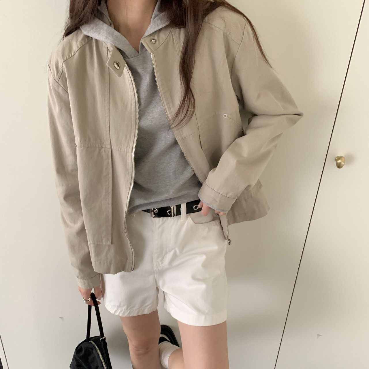 지뉴 더블패치 블루종 | 여성용 봄 자켓 아우터 점퍼 하이넥 차이나카라 집업 루즈핏 야상 바이커 라이더 - 상세 이미지 3