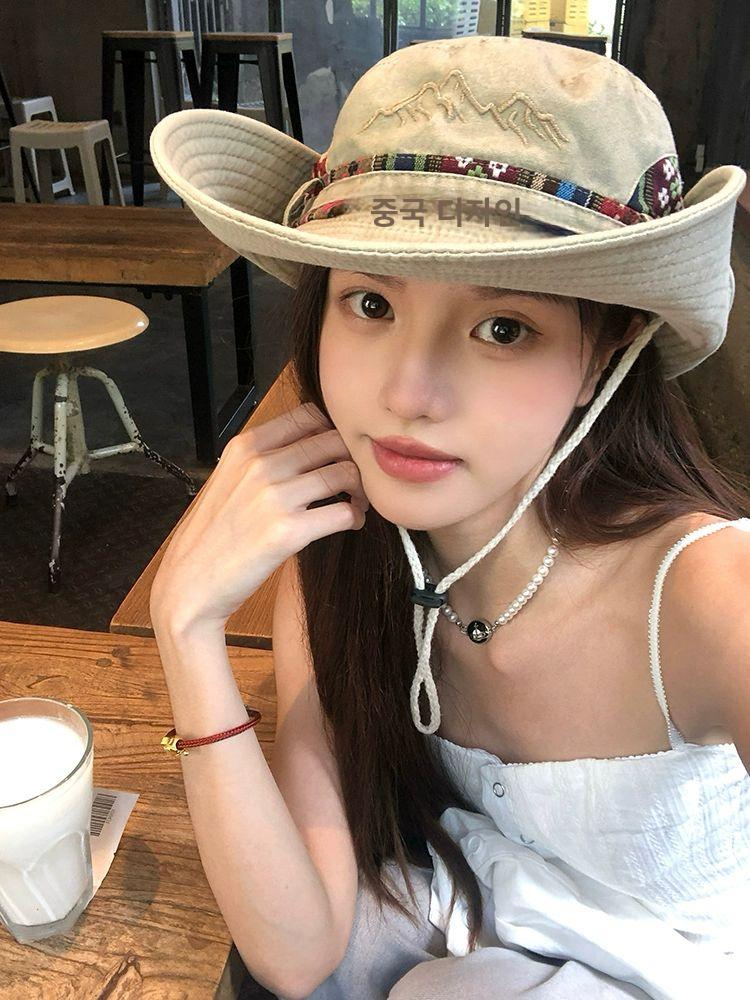 여성 레트로 데님 하이킹 모자 여름 야외 캠핑 대형 챙 모자 - 상품 이미지