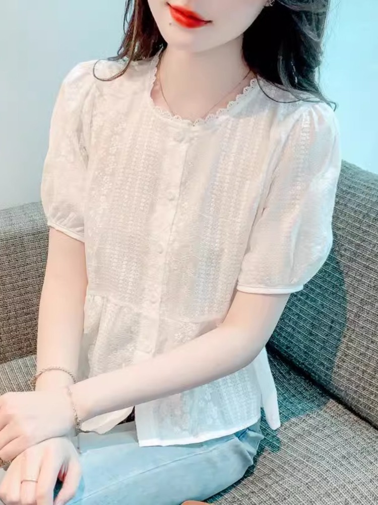 프릴 블라우스 펀칭 자수 흰색 퍼프소매 여성 여름 - 상세 이미지 3
