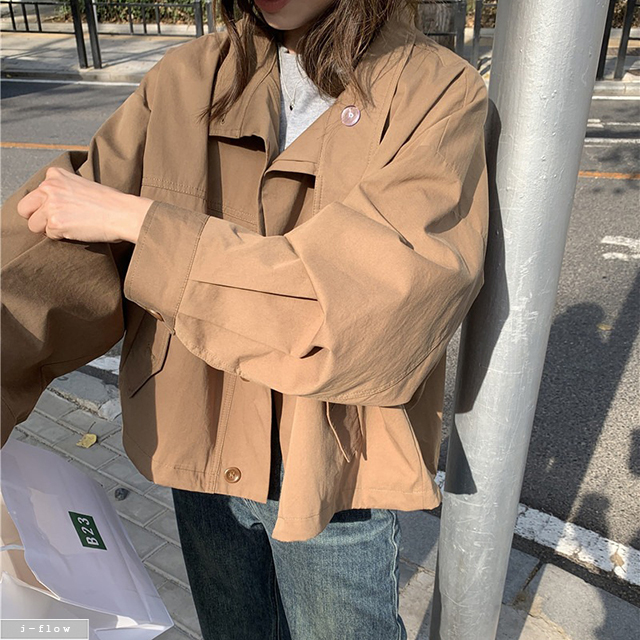 비오 오버핏 세미크롭 트렌치 바바리 자켓 3col 봄 가을 루즈핏 하이넥 버튼 제이플로우 이미지 6