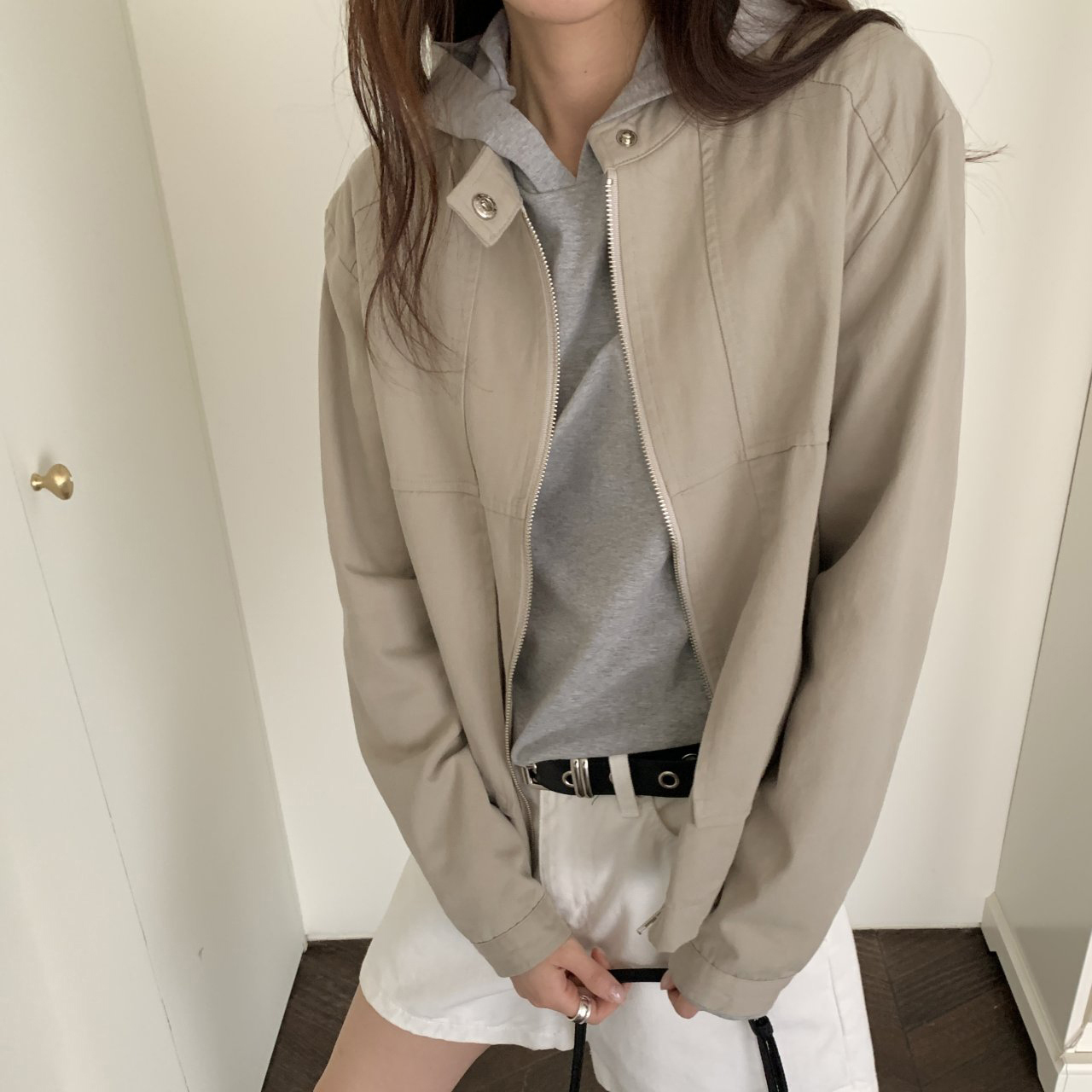 지뉴 더블패치 블루종 | 여성용 봄 자켓 아우터 점퍼 하이넥 차이나카라 집업 루즈핏 야상 바이커 라이더 - 상품 이미지
